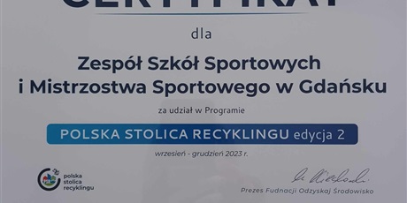 Powiększ grafikę: Certyfikat "Polska Stolica Recyklingu"